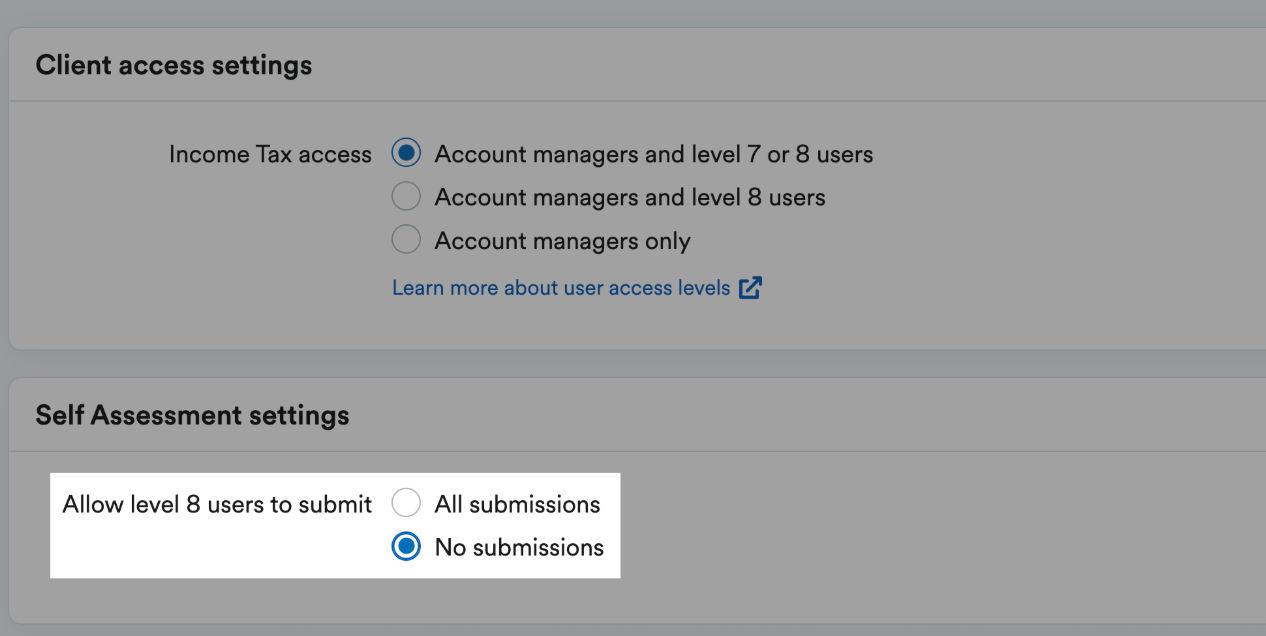 Option to choose whether level 8 clients can submit Self Assessment returns themselves
