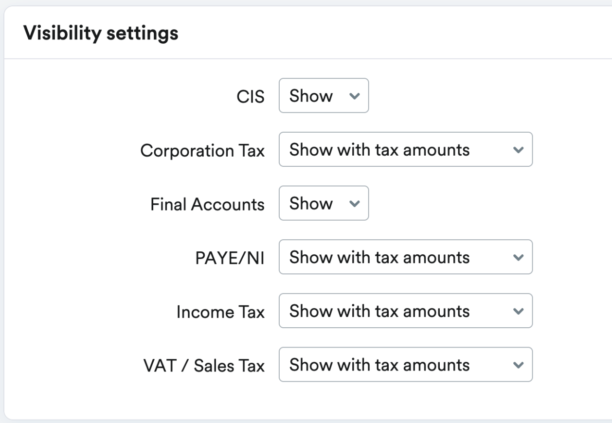 Tax Timeline visibility settings