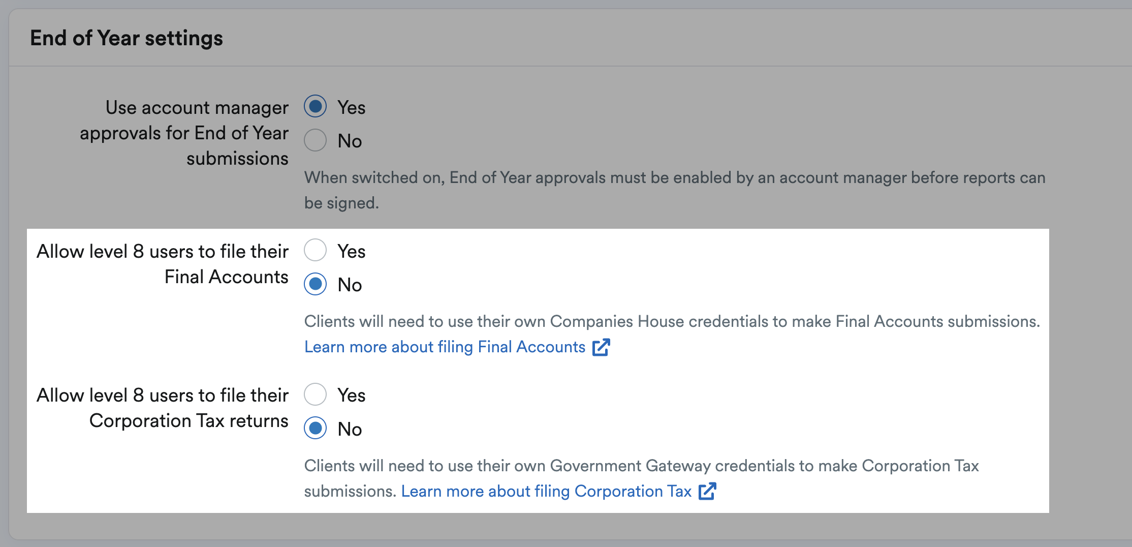 Options to allow level 8 clients to file Final Accounts and Corporation Tax returns