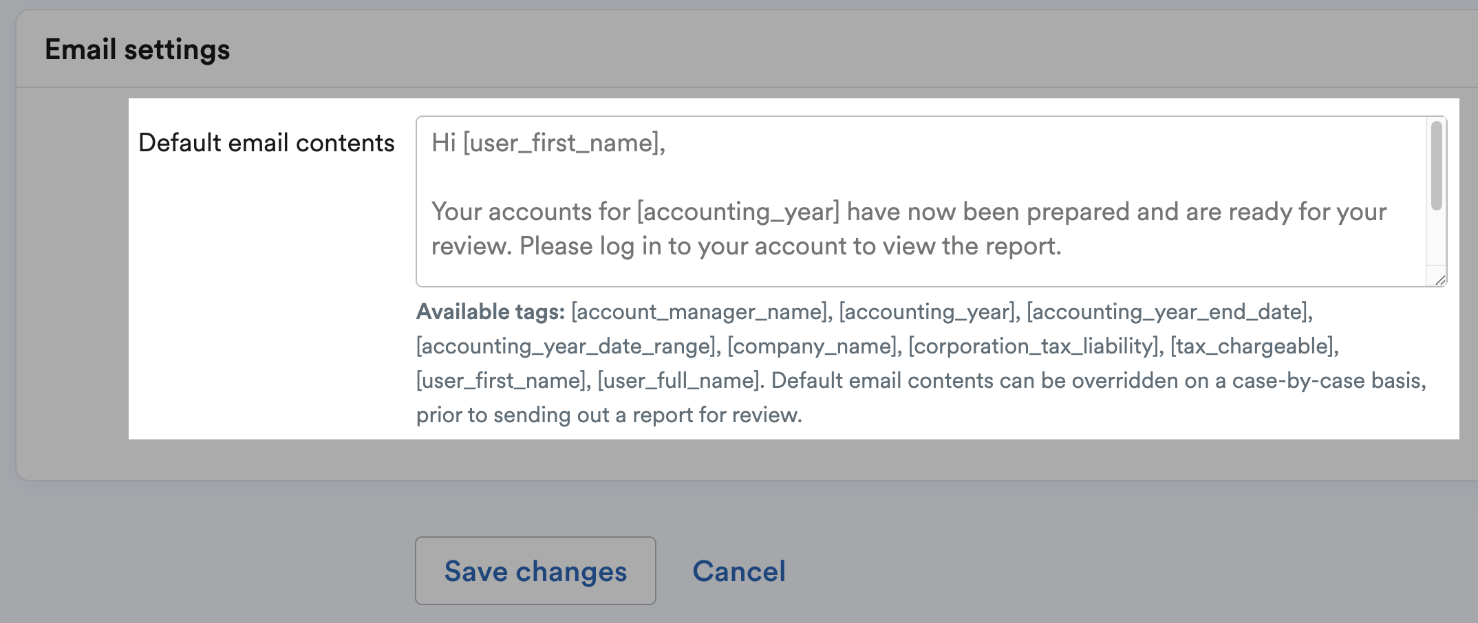 Email settings section of End of Year settings