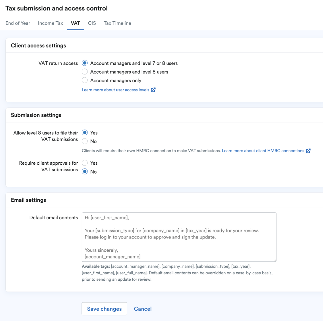 VAT settings