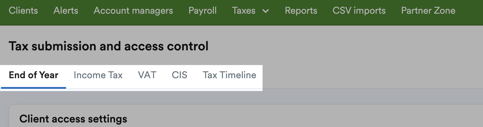 Tax submission and access control tabs highlighted
