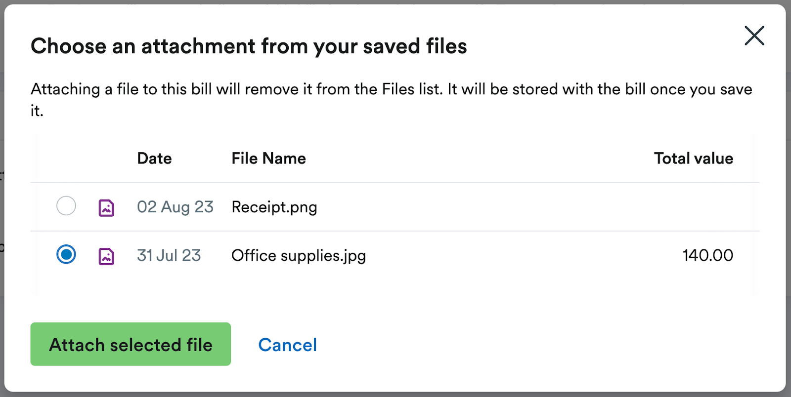 'Choose an attachment from your saved files' pop up window.