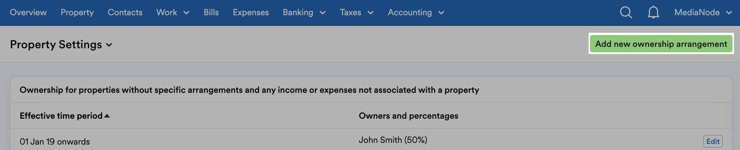 'Add new ownership arrangement' button highlighted at top of Property Settings page.