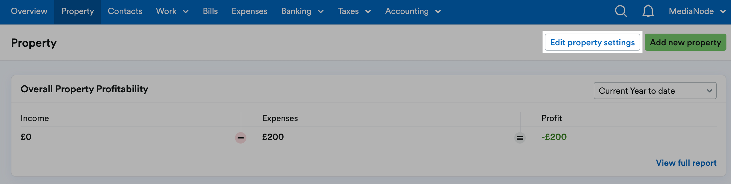 'Edit property settings' button highlighted at top of Property page.
