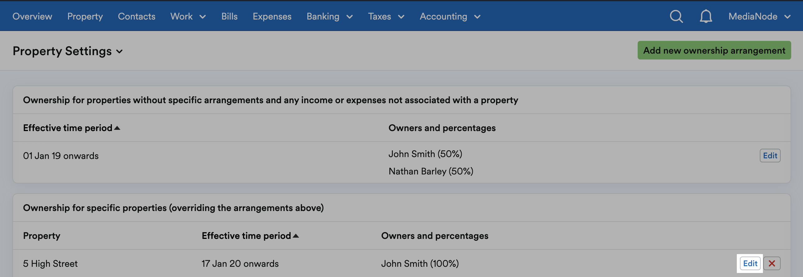 'Edit' button listed next to listed property ownership arrangement on Property Settings page.