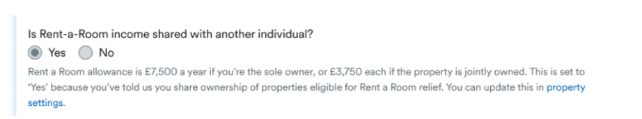 'Yes' selected for 'Is Rent-a-Room income shared with another individual?' field.
