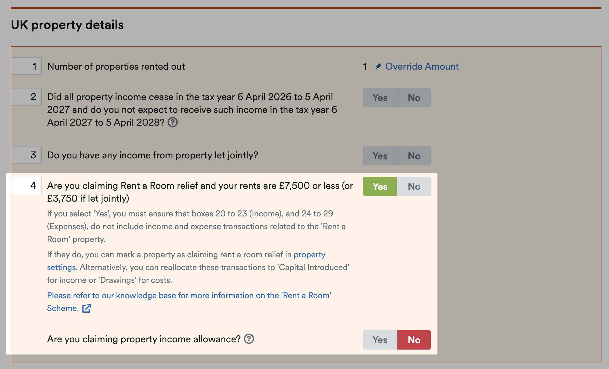 'Yes' selected for 'Are you claiming Rent a Room relief and your rents are £7,500 or less(or £3,750 if let jointly)' field.