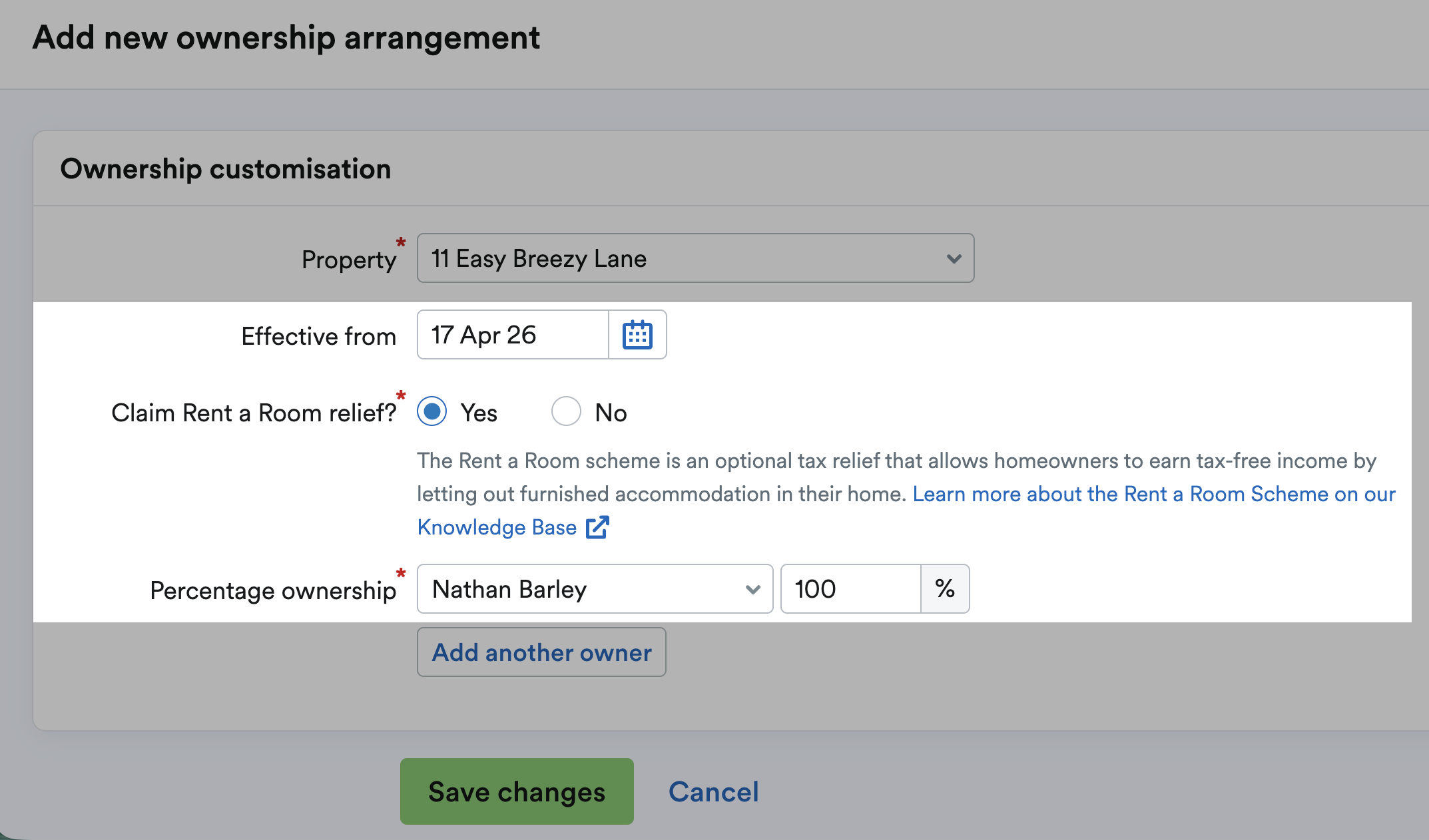Effective from and percentage ownership fields highlighted
