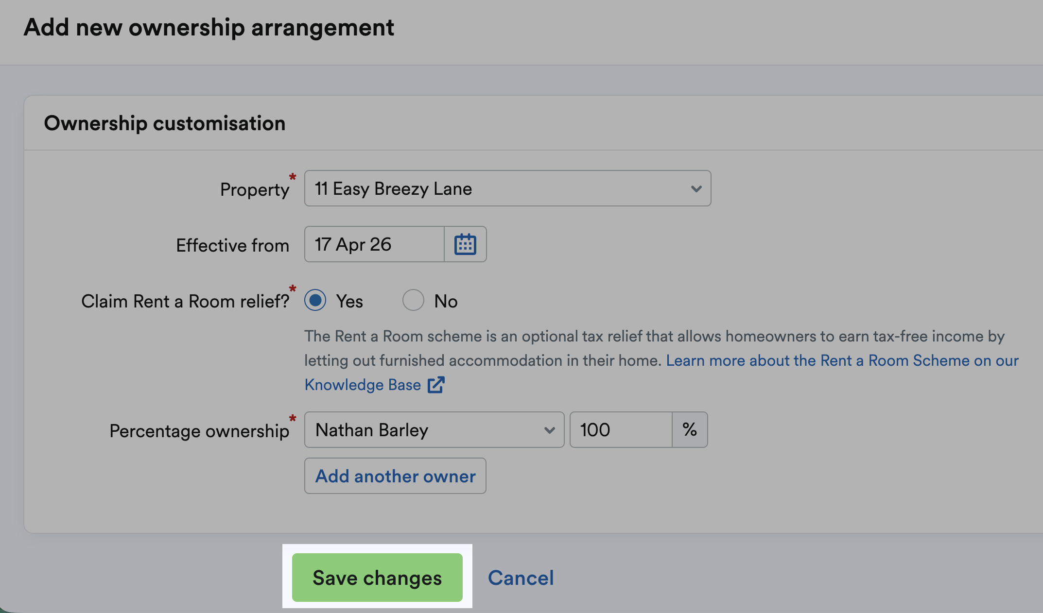 'Save changes' button highlighted at bottom of the page.