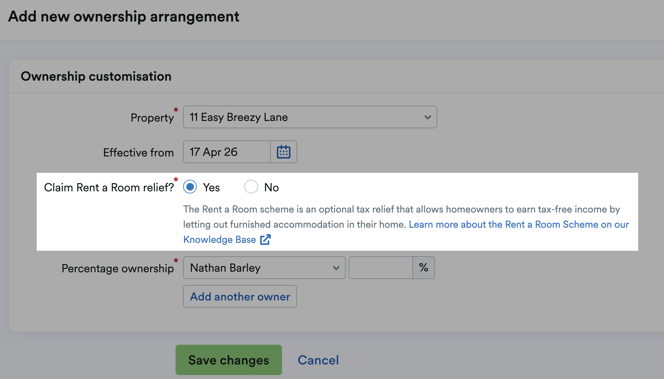 'Yes' selected for 'Claim Tent a Room relief?' field on Edit Property page.