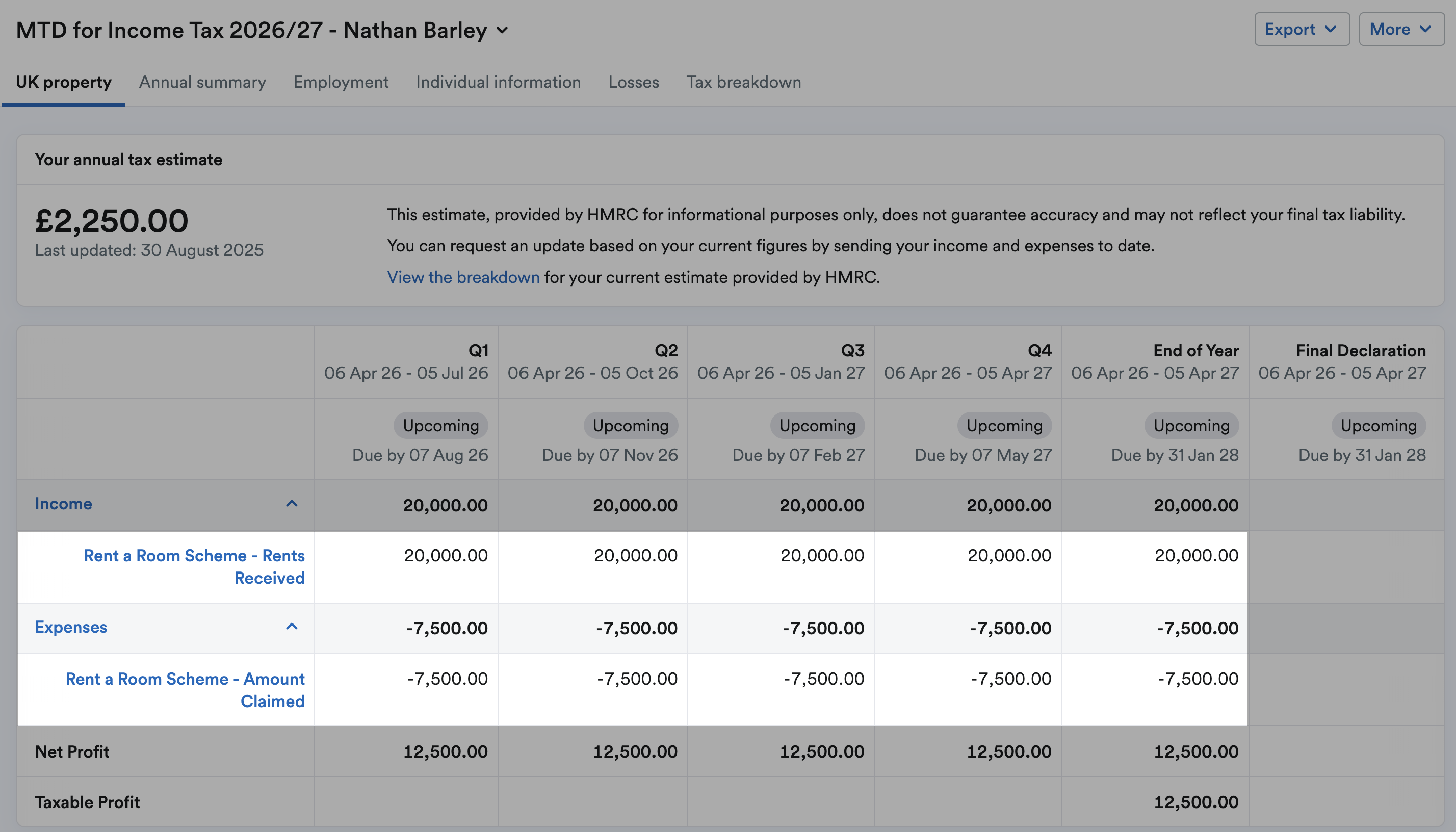 Rent a Room Scheme rows on UK Property page for MTD for Income Tax