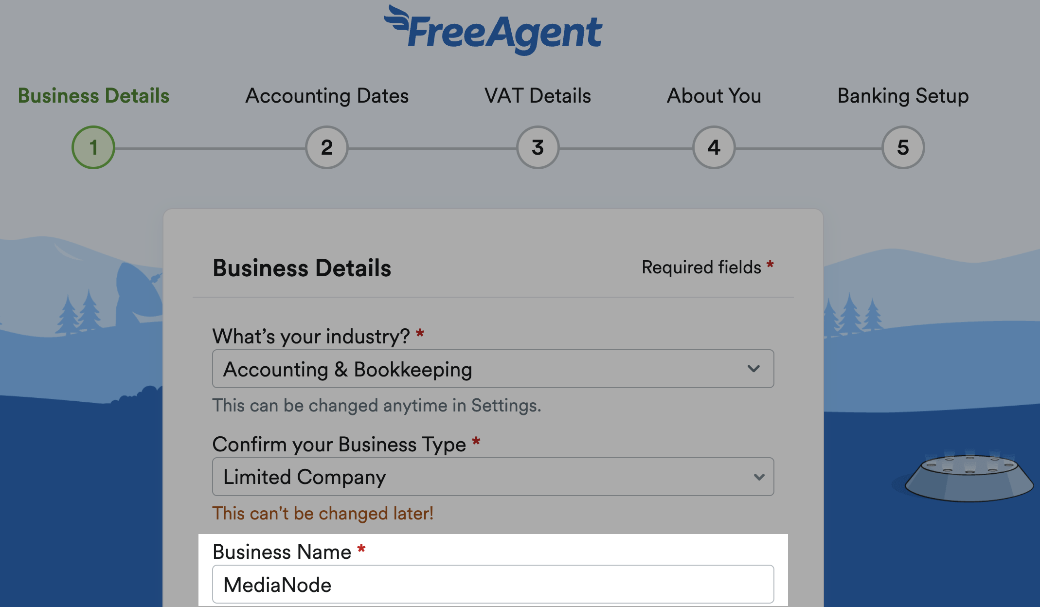'Business Name' field highlighted on Business Details stage of setup.