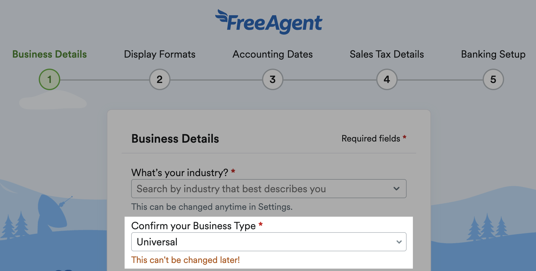 'Confirm your Business Type' field highlighted within the Business Details page.