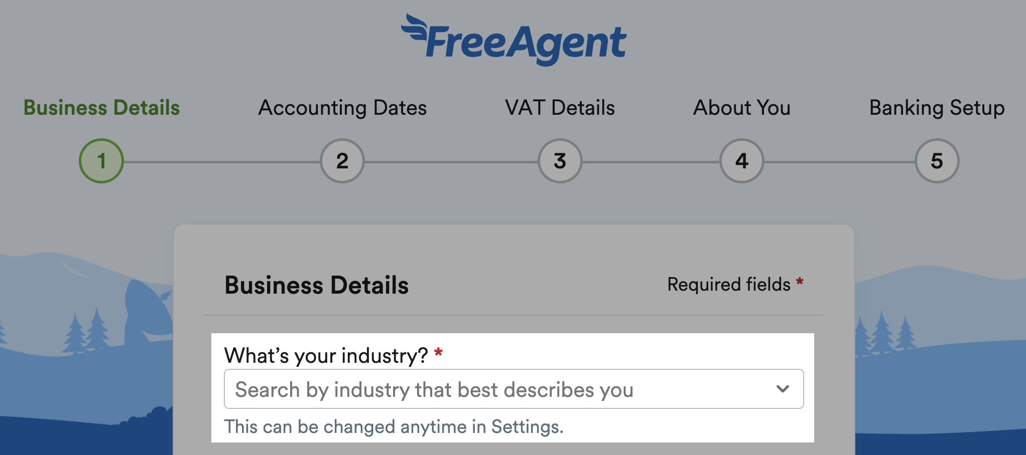 'What's your industry?' field highlighted on Business Details stage of setup.