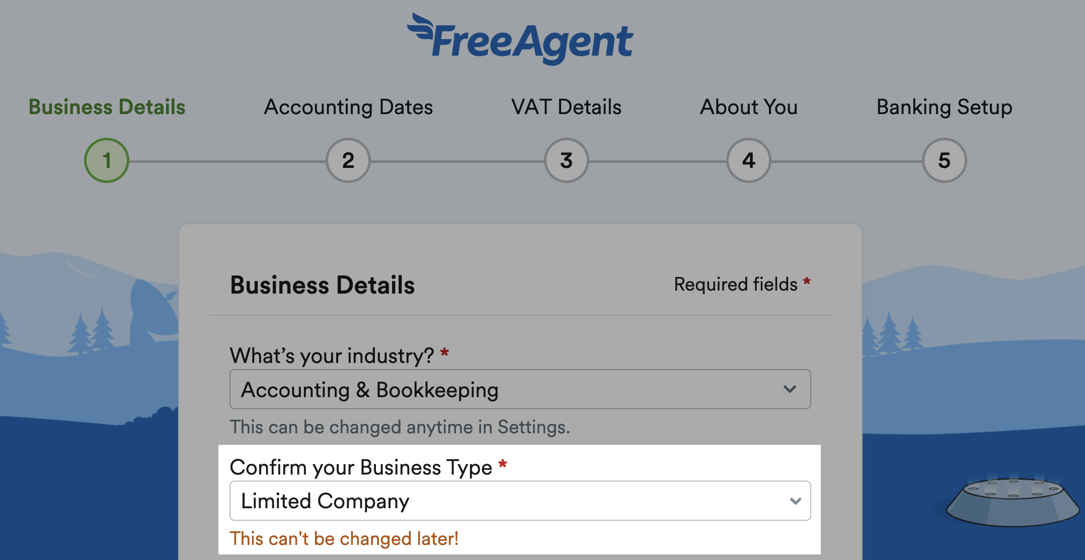 'Confirm your Business Type' field highlighted on Business Details setup stage.