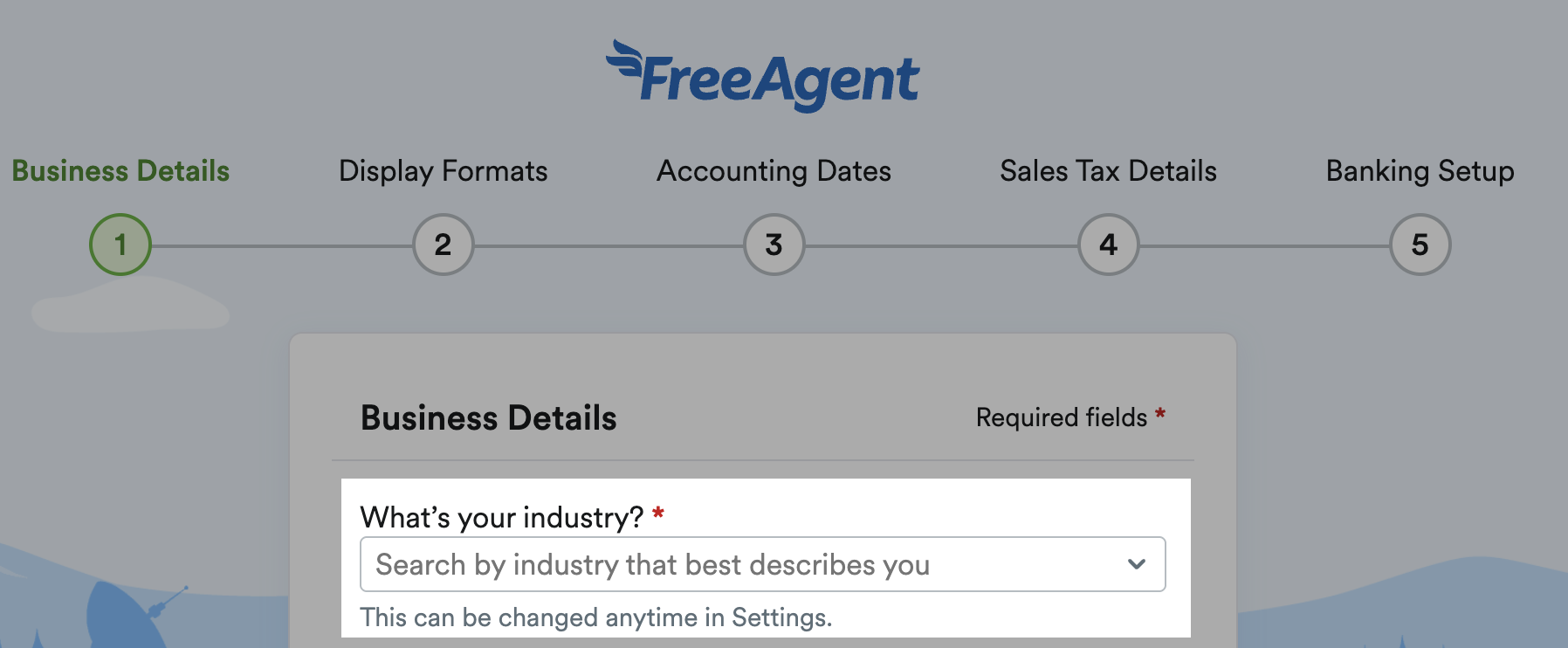 'what's your industry?' field highlighted within the Business Details page.