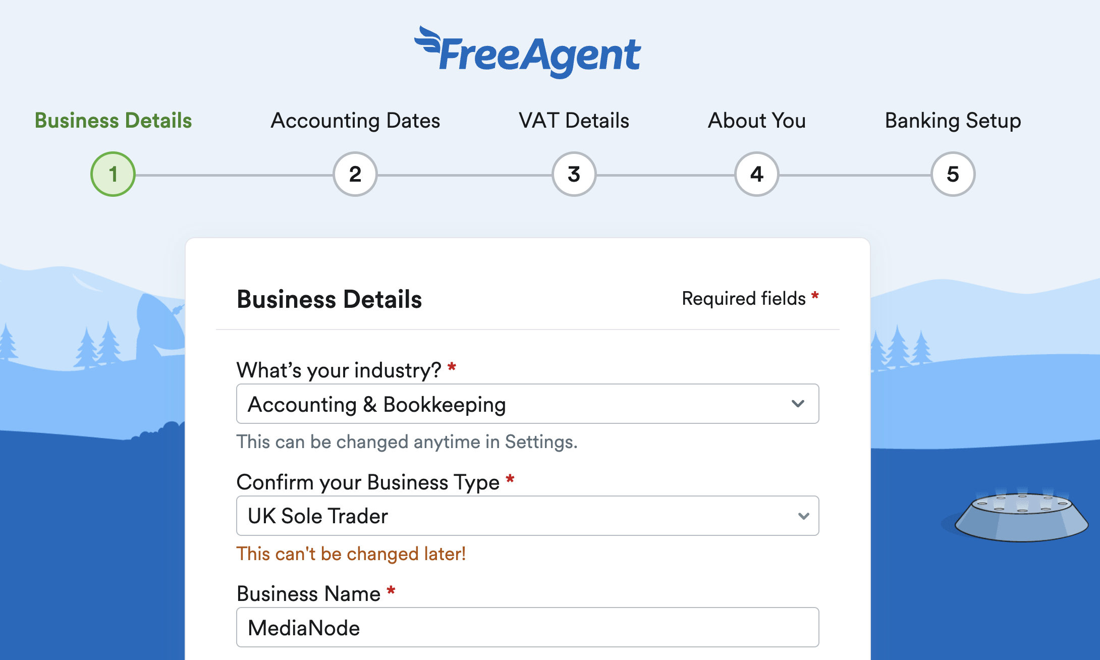 Business details page of FreeAgent set up for entering business industry and category