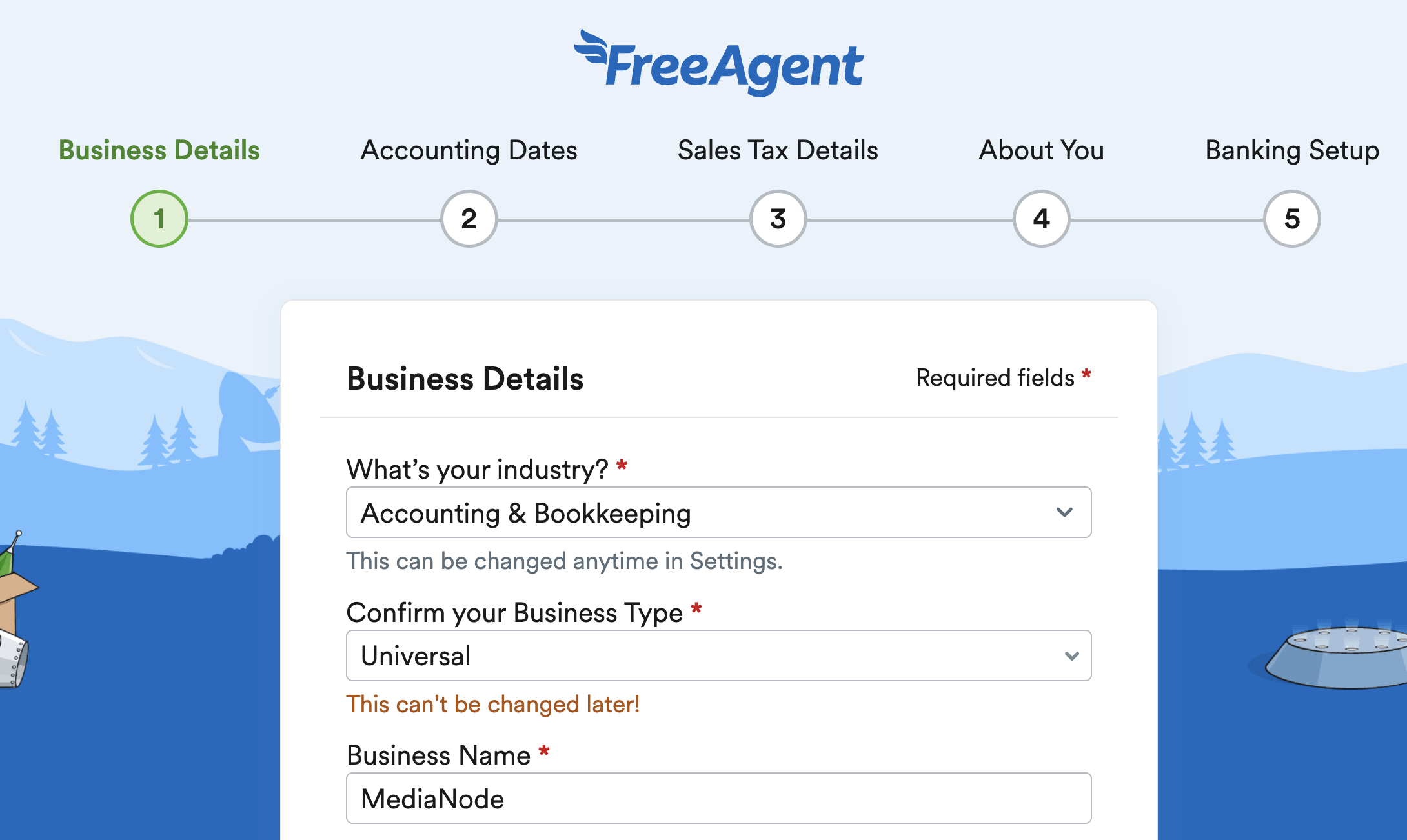 Business details page of FreeAgent set up for entering business type and category