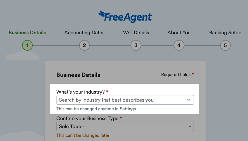 'What's your industry?' field highlighted with drop down menu.