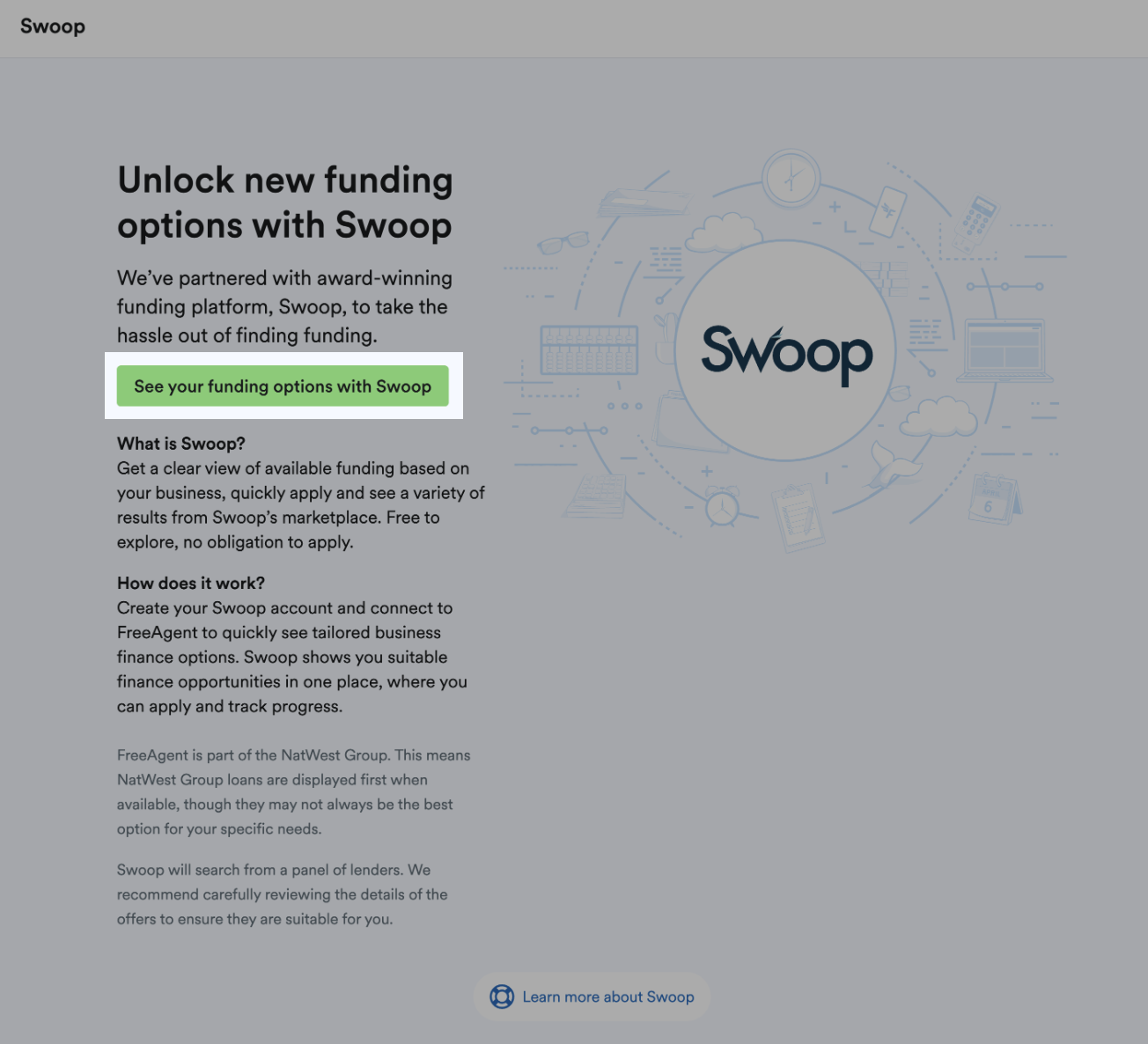 'See your funding options with Swoop' button highlighted on 'Swoop' page.