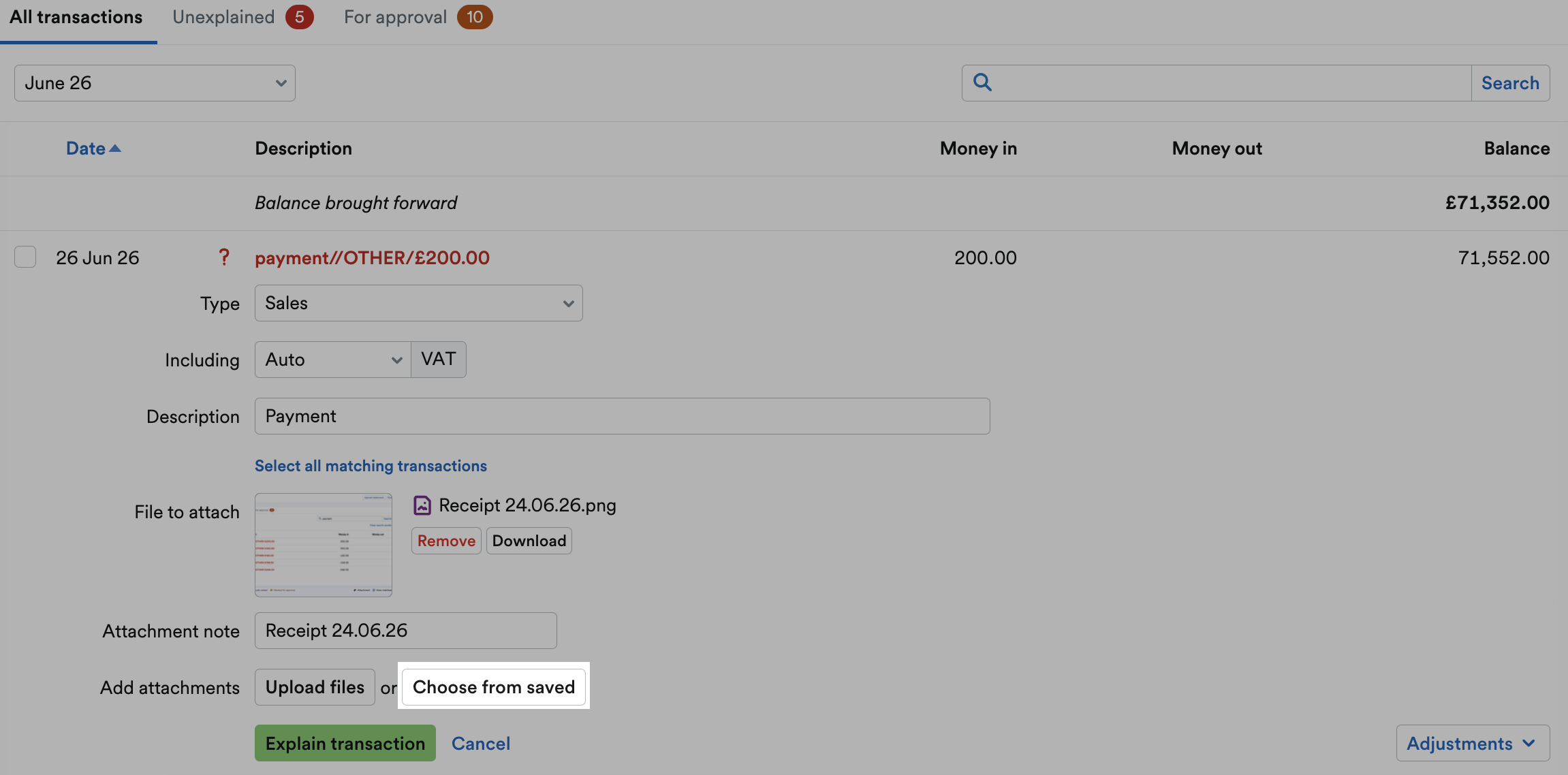 'Choose from saved' button highlighted at bottom of transaction explanation.