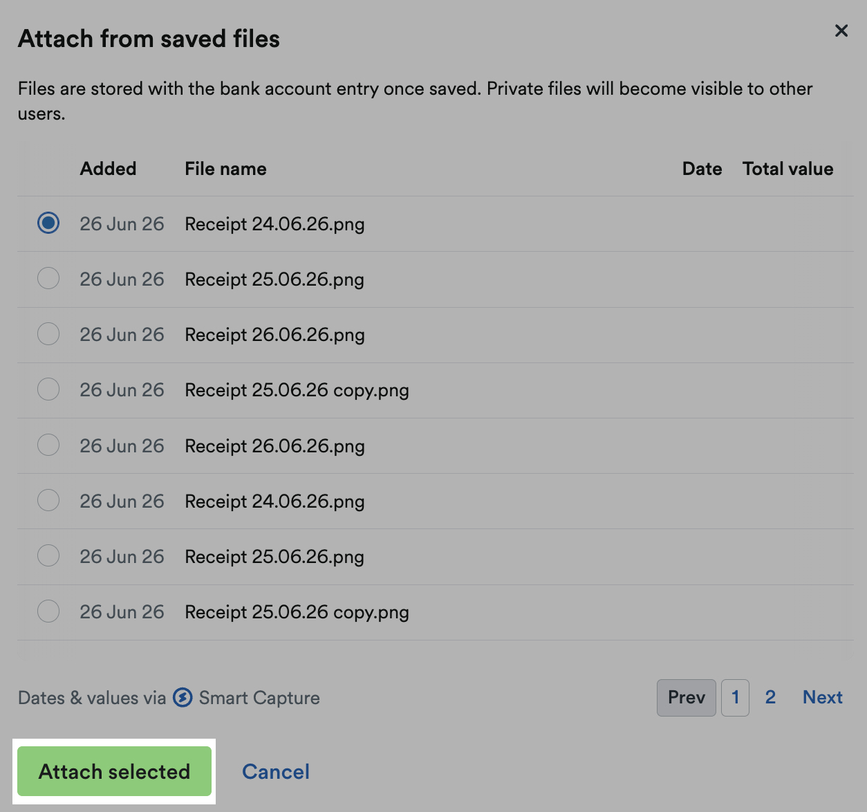 'Attach selected' button highlighted an bottom of 'Attach from saved files' window.