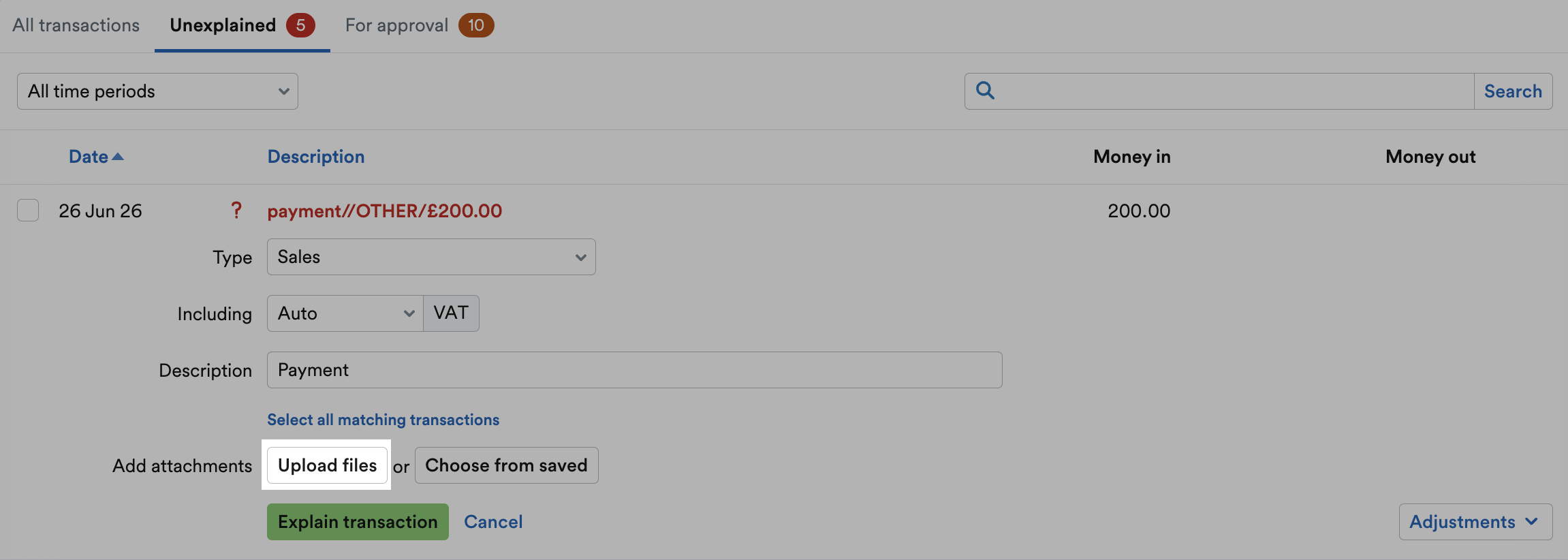 'Upload files' button highlighted in Add attachments field.