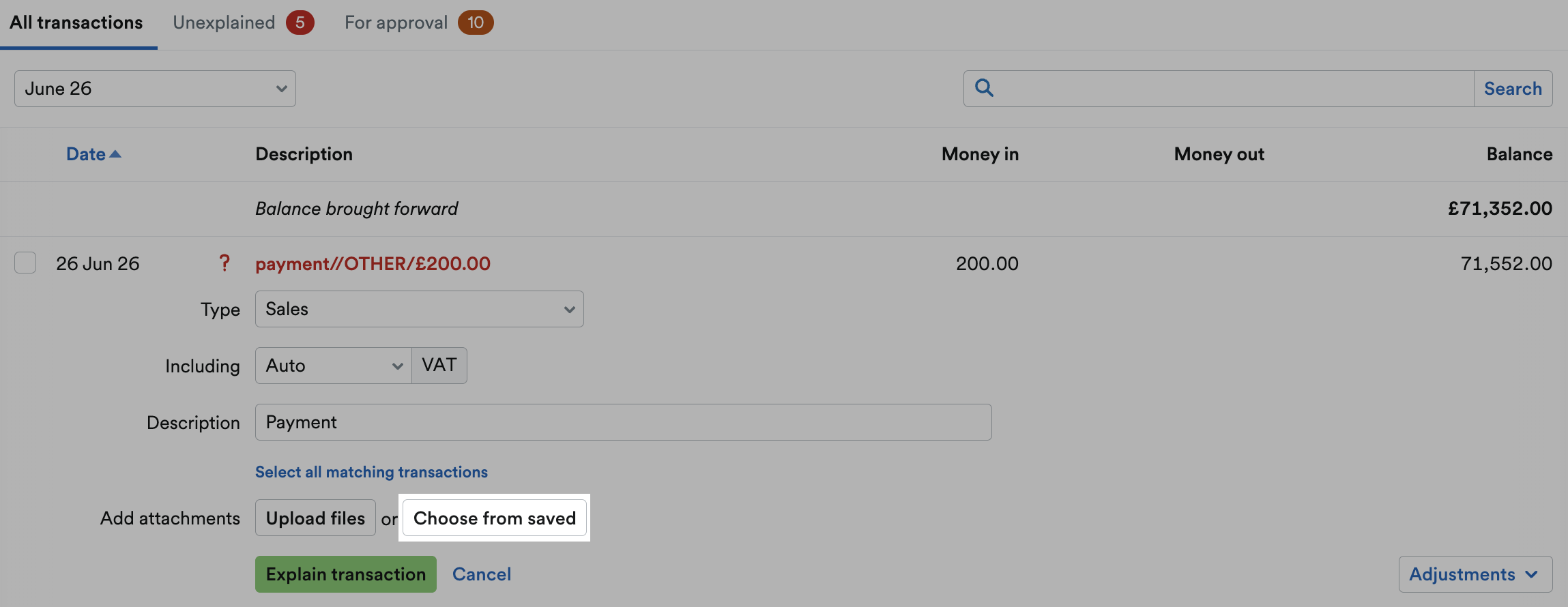 'Choose from saved' button highlighted in Add attachments field.