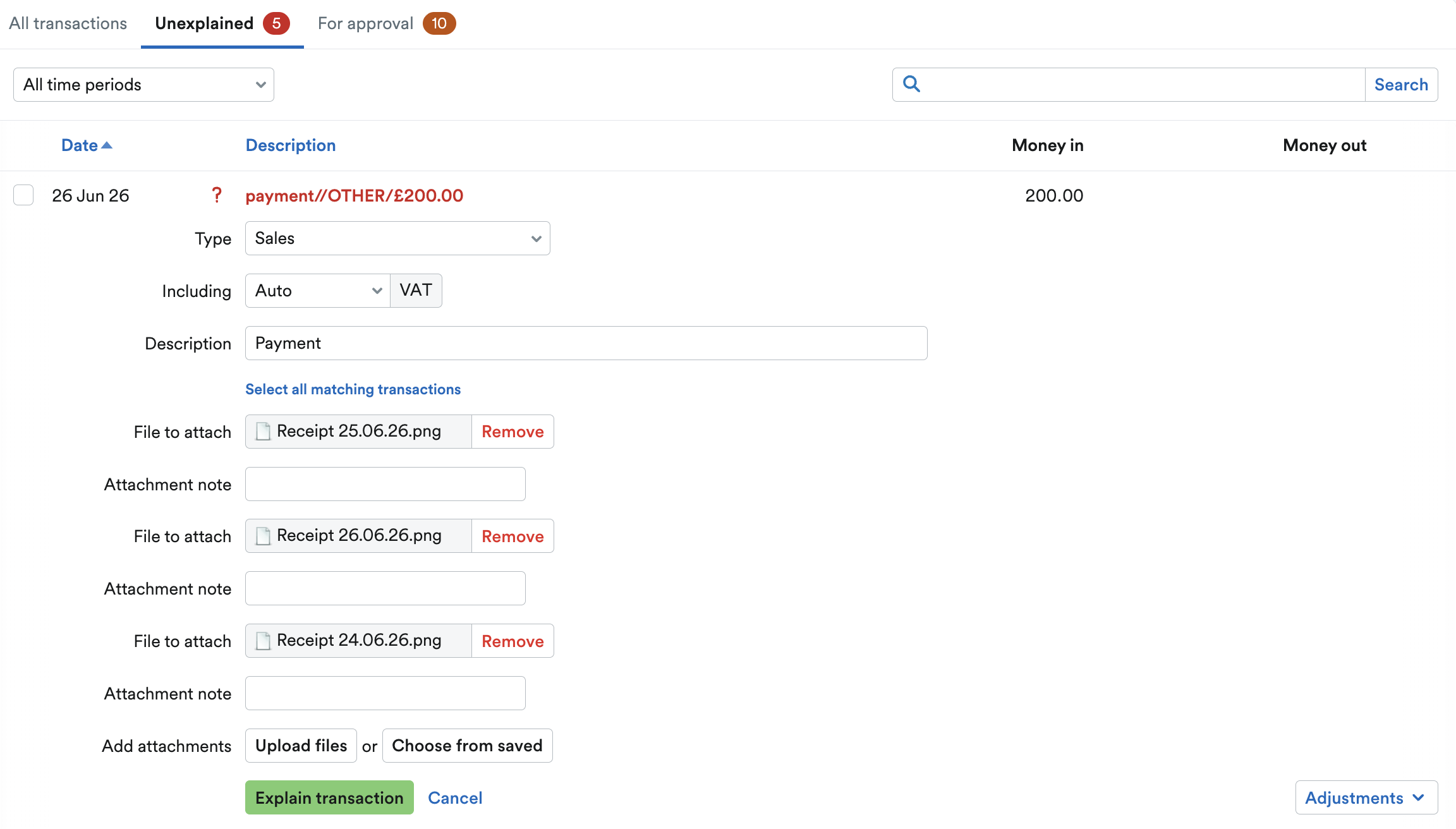 Multiple attachments listed on one transaction explanation.