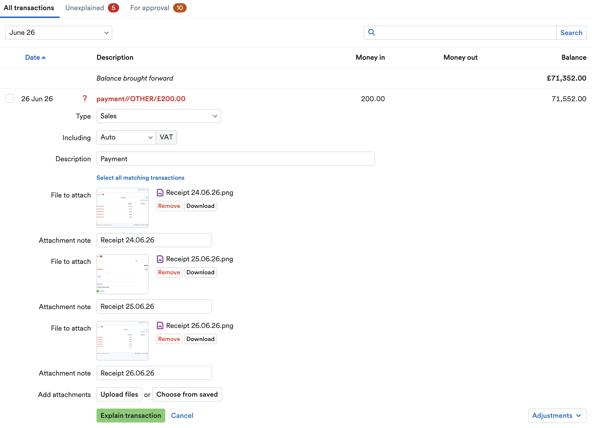 Multiple attachments listed on one transaction explanation with previews for each file.