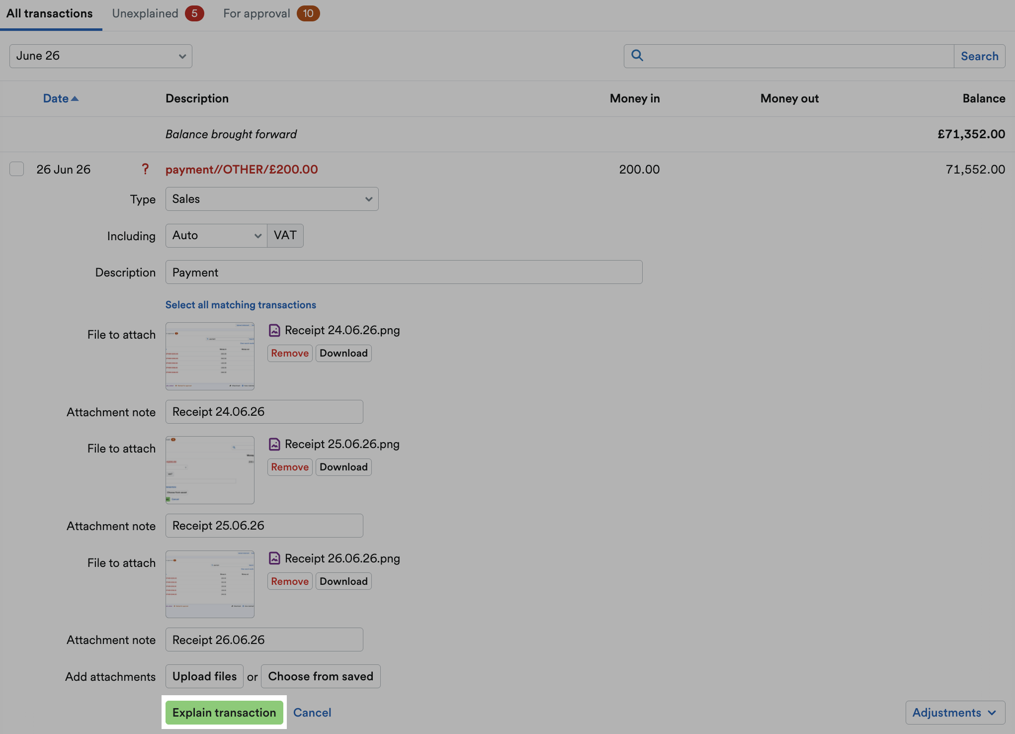 'Explain transaction' button highlighted at bottom of transaction explanation.