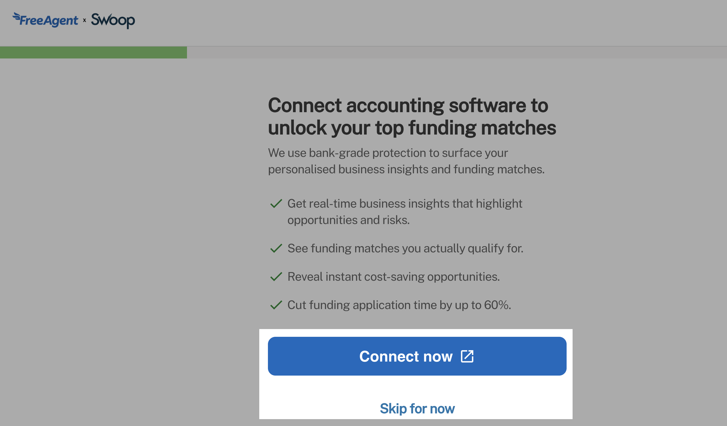 'Connect now' button highlighted on Swoop accounting software connection page.