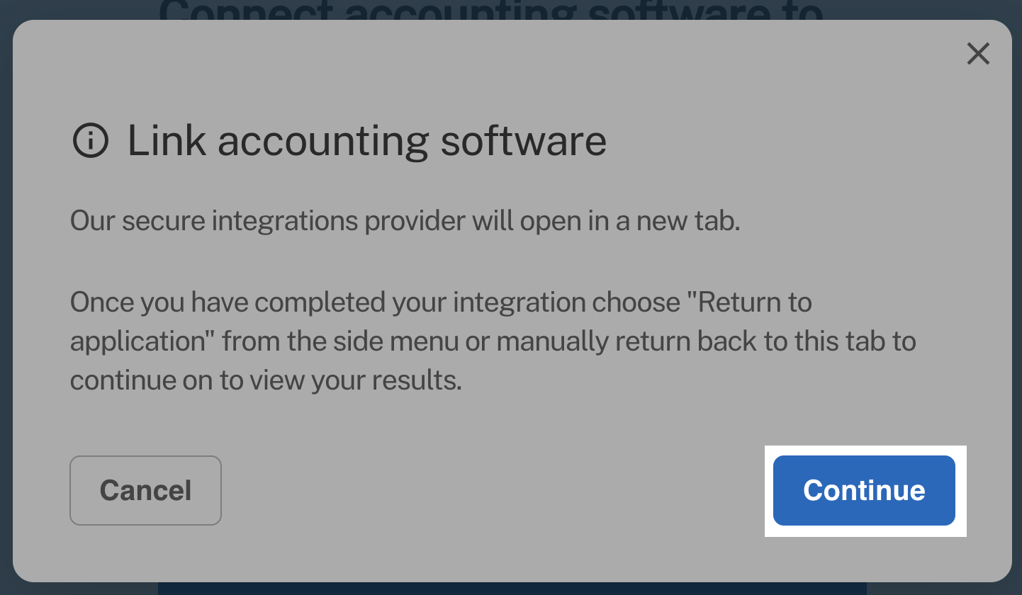 Continue button highlighted to link accounting software
