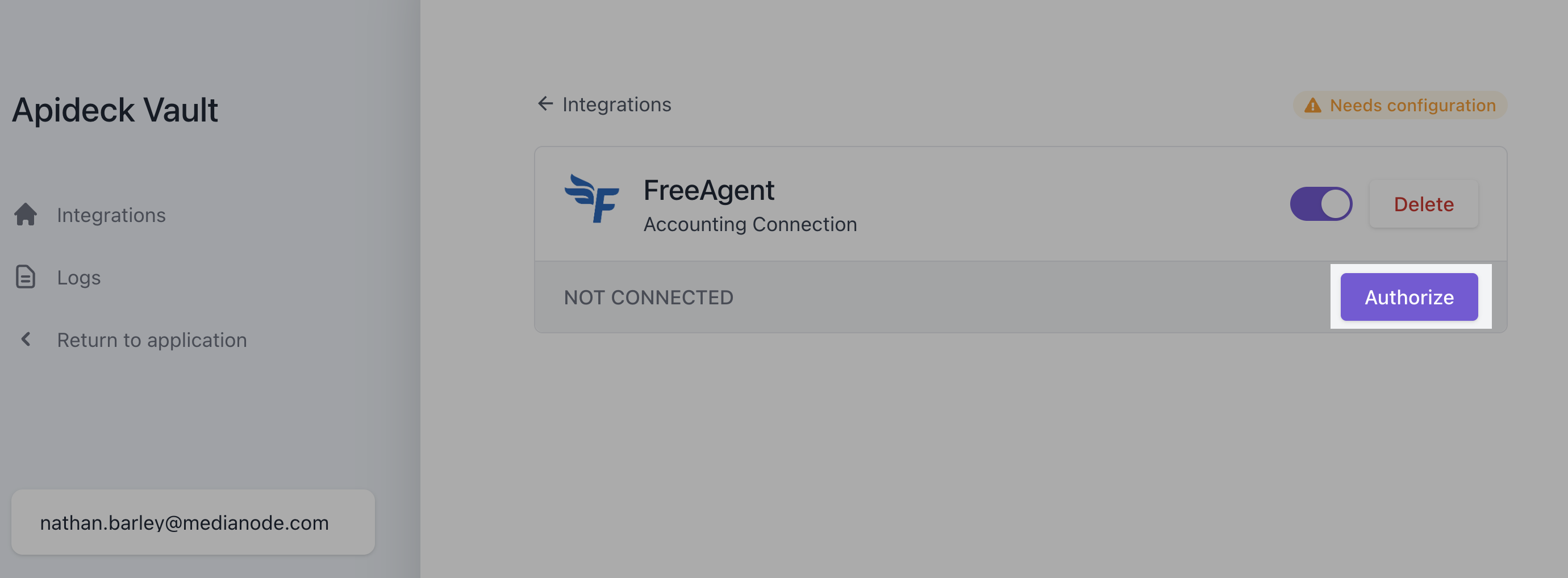 Authorize button highlighted below FreeAgent integration