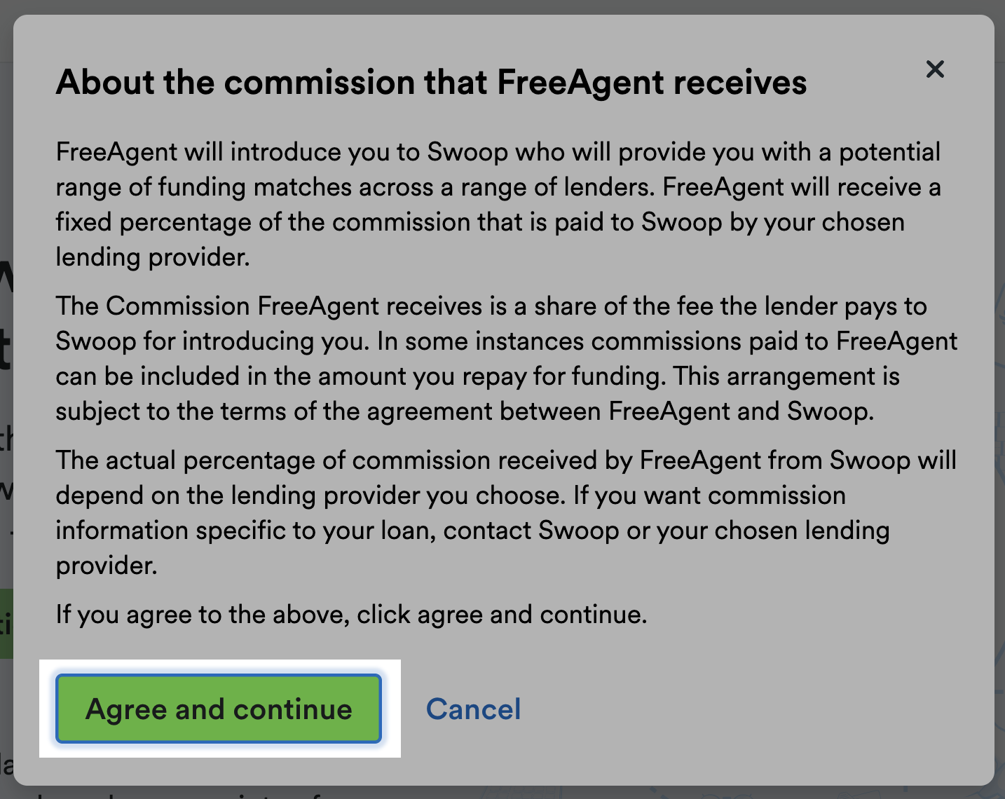 Agree and continue button highlighted below information about the commission that FreeAgent receives