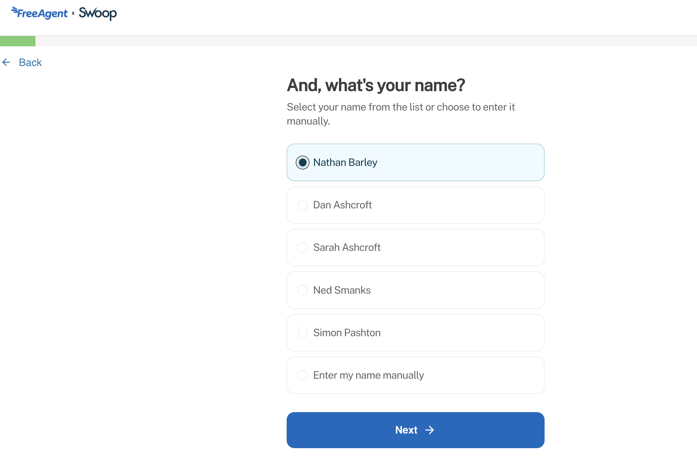 'Next' button displayed under selected name on Swoop page.