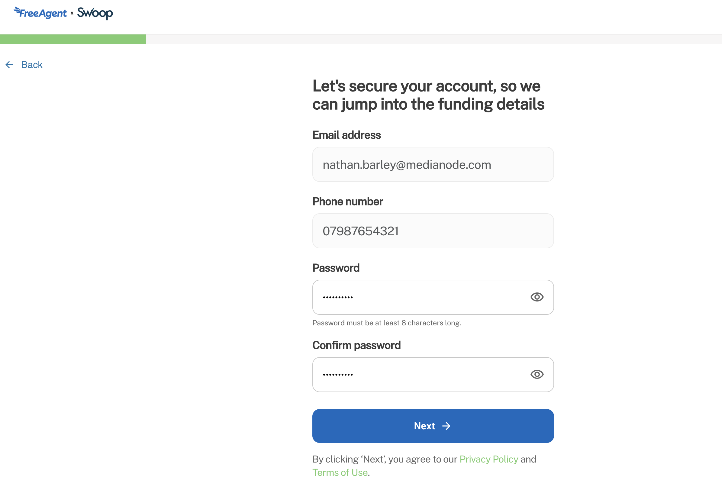 'Next' button displayed under Email address, Phone number and Password fields.
