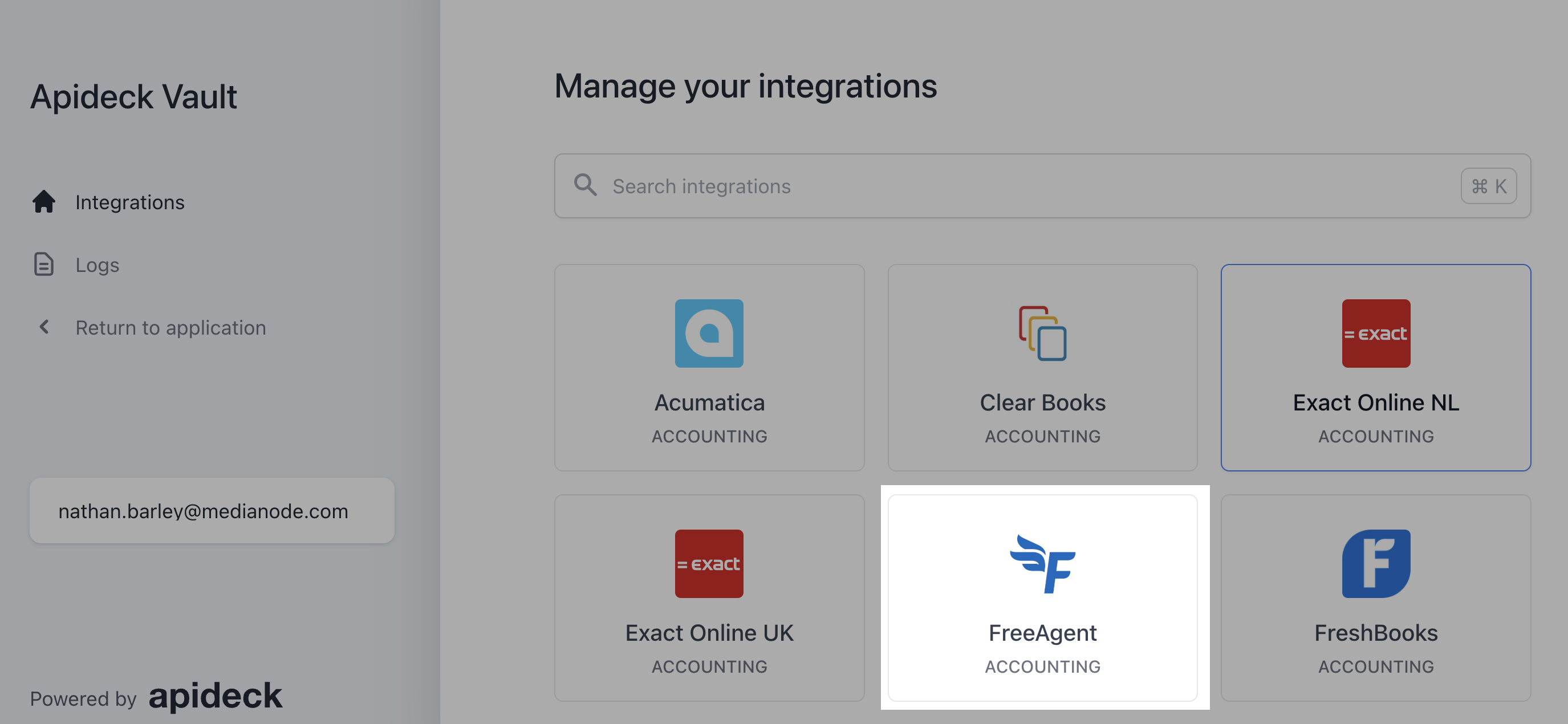 FreeAgent highlighted within list of integrations