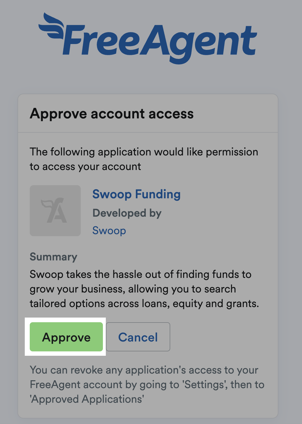 Approve button highlighted to allow Swoop to connect to FreeAgent