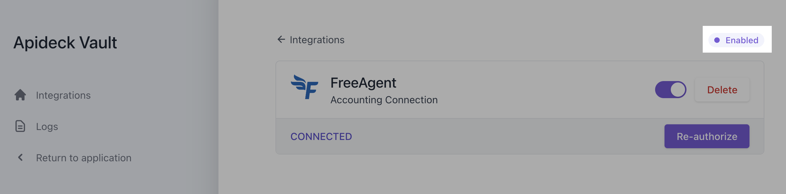 FreeAgent connection showing as enabled within Swoop