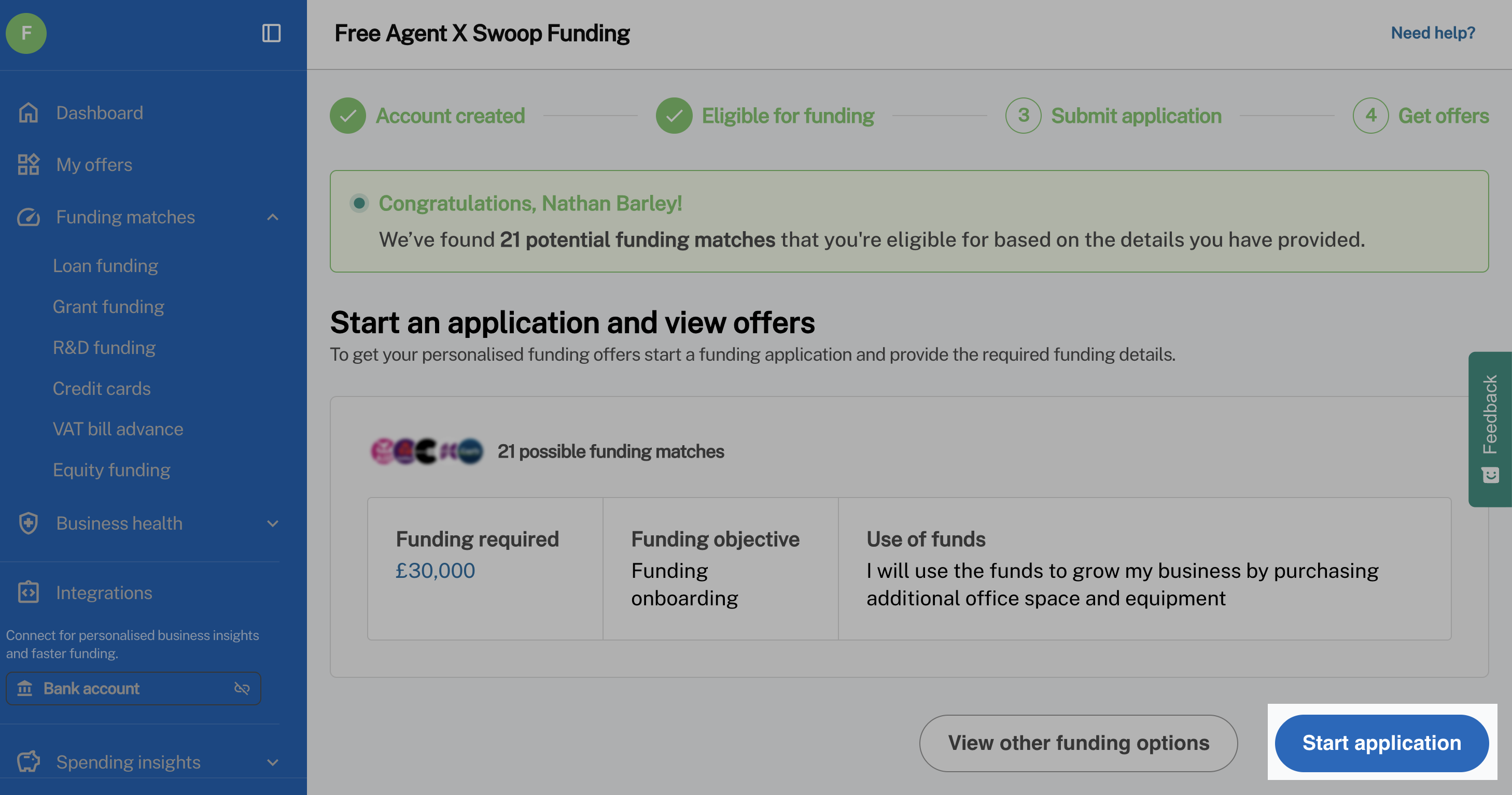 'Start application' button displayed on Swoop page.