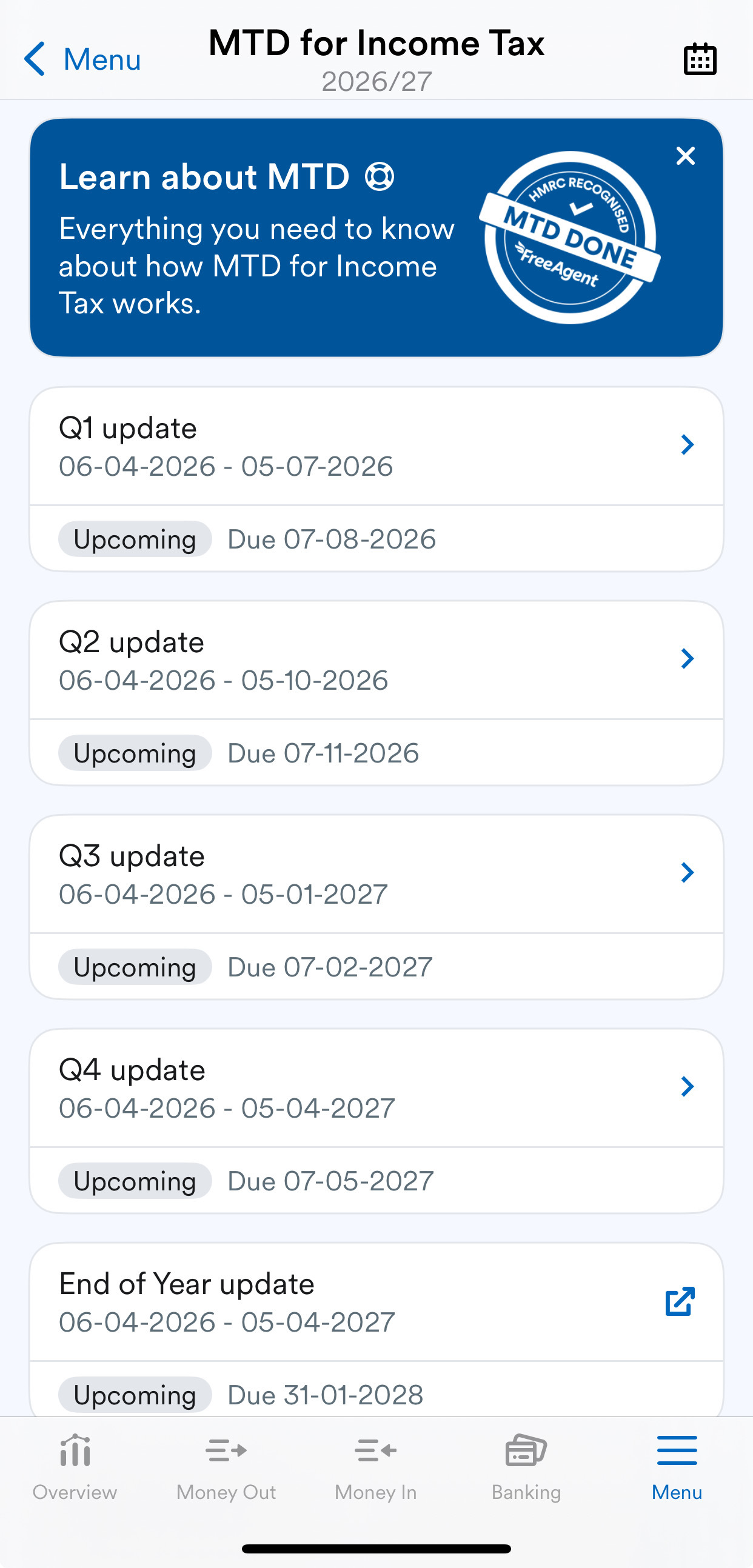 List of quarterly updates and their statuses.