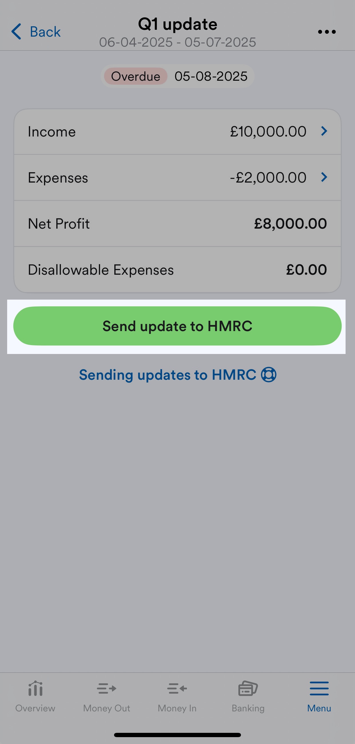 'Send update to HMRC' button on Quarterly update page.