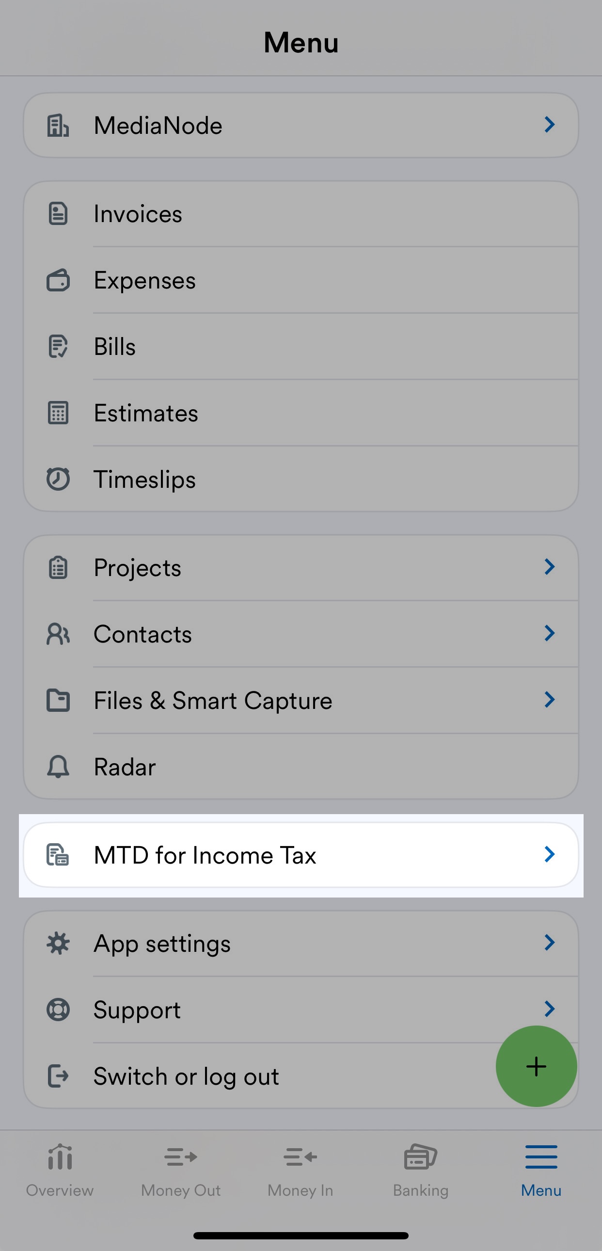 'MTD for Income Tax' highlighted on mobile app navigation menu.