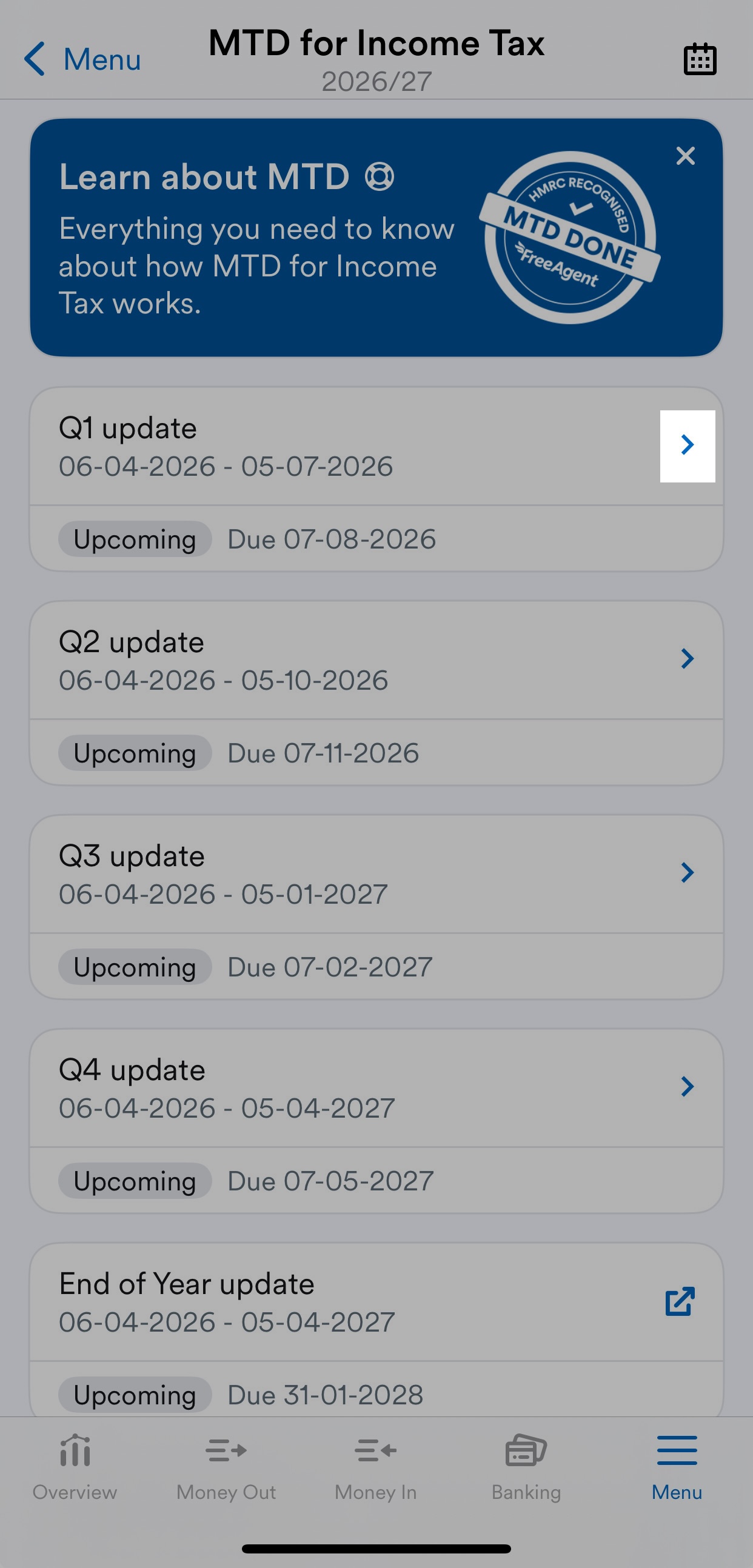 Chevron arrow highlighted next to listed quarterly update.