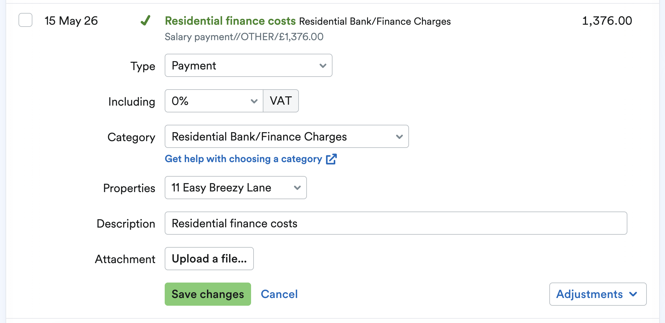 Bank transaction being explained to the Residential Bank/Finance Charges category