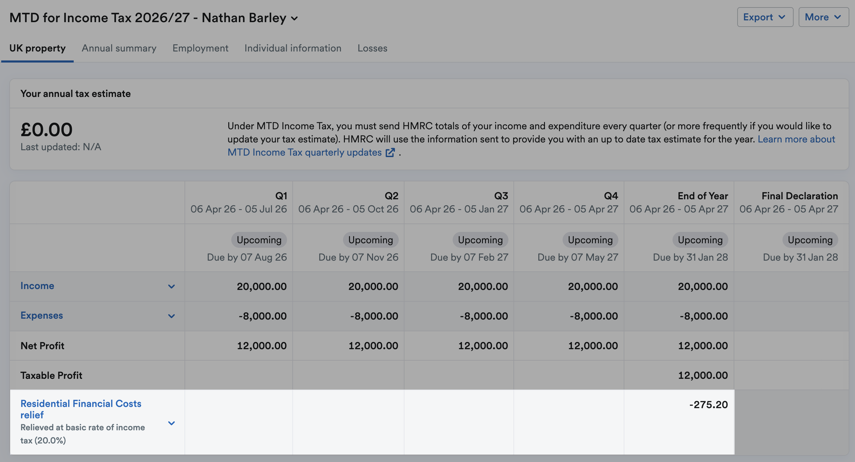 Residential Financial Costs relief column highlighted on the UK Property page of MTD for Income Tax return