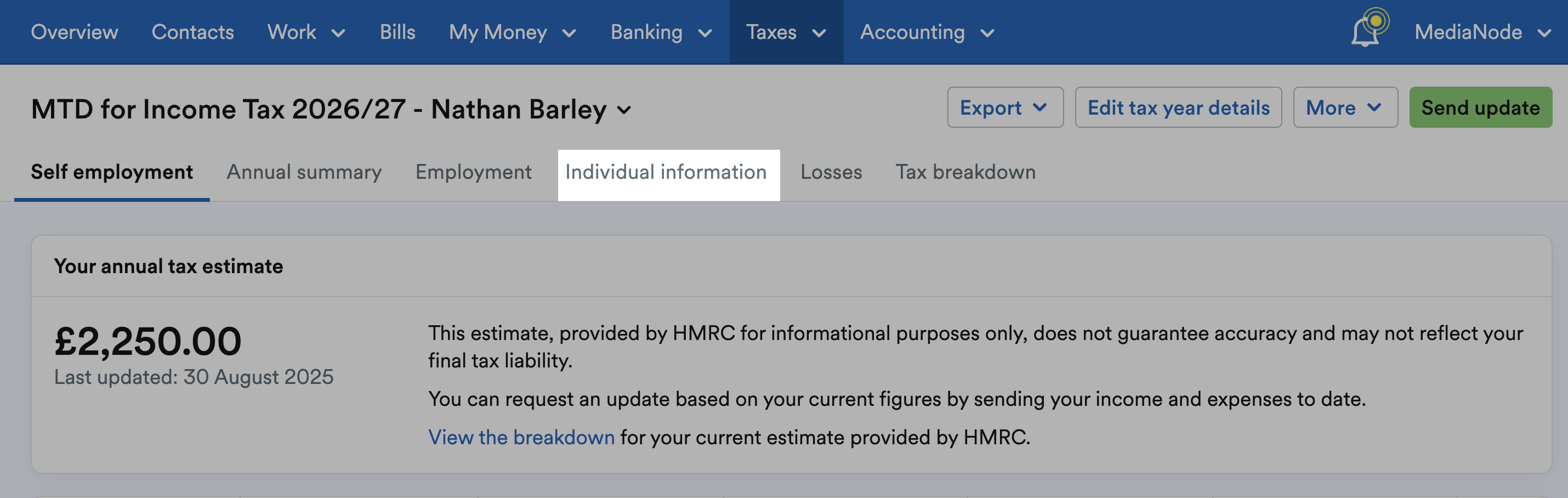 Individual Information tab highlighted on MTD for Income Tax screen.