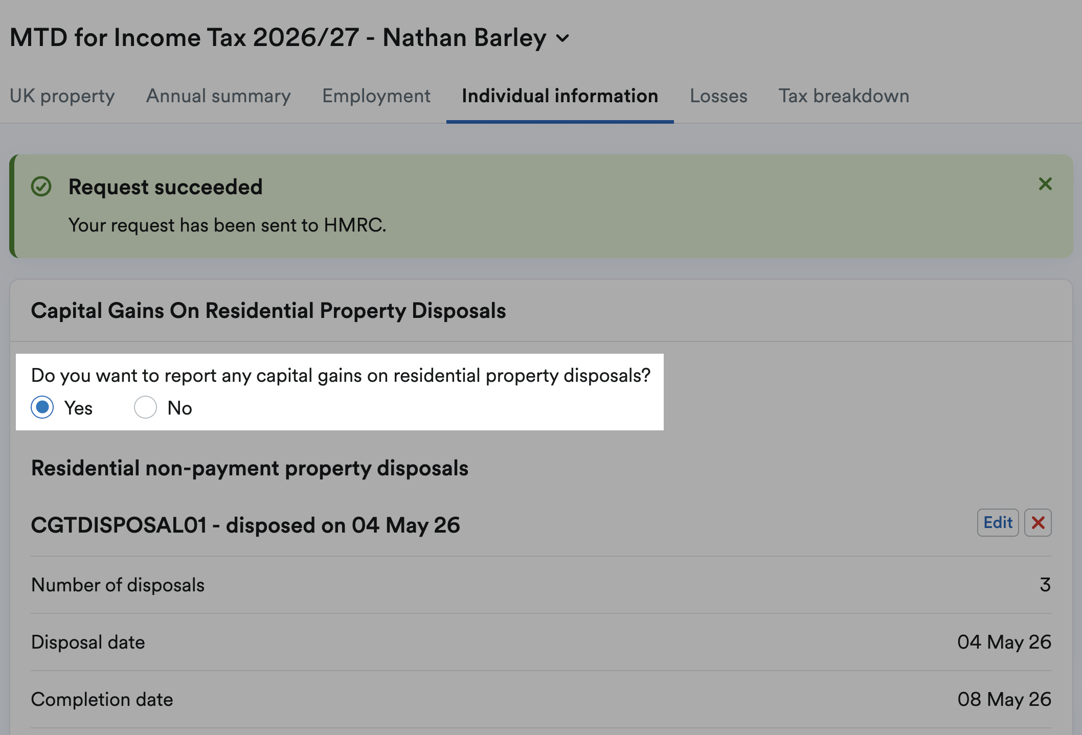 Option to report capital gains on property disposals set to yes on individual information page